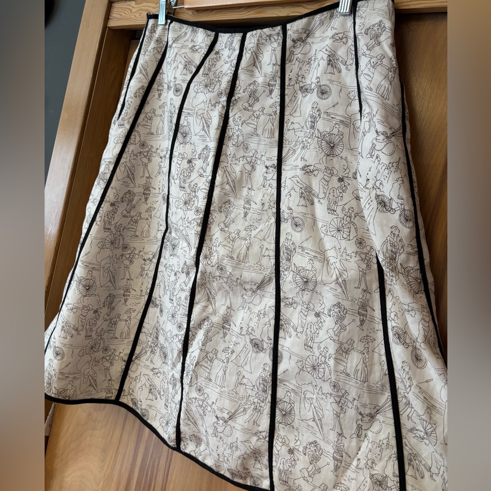 Cream Linen Skirt, Vintage scenes skirt, Elegant Cream Skirt with Black Accents